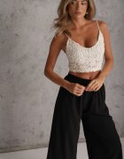 defox Pantaloni negri cu talie înaltă cu craci largi din viscoză cu elastic în talie Crisantas