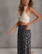 defox Pantaloni Negri din bumbac cu craci largi 7/8 și bandă elastică în talie Elenthe