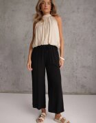 defox Pantaloni Negri din Bumbac Tip Palazzo cu Elastic în Talie Fieana