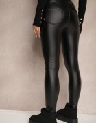 defox Pantaloni negri din imitație de piele Skinny cu talie înaltă căptușiți cu polar Lavimi