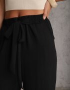 defox Pantaloni Negri din Viscoză cu Croială Largă cu Cordon Legat Zileindra