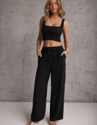 defox Pantaloni Negri High Waist cu șnur în talie și cu picior drept Raveann
