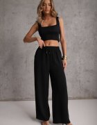 defox Pantaloni Negri High Waist cu șnur în talie și cu picior drept Raveann