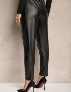 defox Pantaloni Negri Talie Înaltă din Piele Ecologică cu Elastic în Talie Esaleira