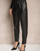 defox Pantaloni Negri Talie Înaltă din Piele Ecologică cu Elastic în Talie Esaleira