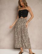 defox Pantaloni Negru-Bej Wide Leg cu elastic în talie cu model leopard Filanira