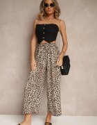 defox Pantaloni Negru-Bej Wide Leg cu elastic în talie cu model leopard Filanira