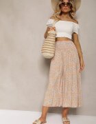 defox Pantaloni portocaliu-albastru din bumbac cu picioare largi 7/8 cu flori Aliana