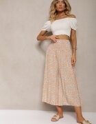 defox Pantaloni portocaliu-albastru din bumbac cu picioare largi 7/8 cu flori Aliana