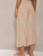 defox Pantaloni portocaliu-albastru din bumbac cu picioare largi 7/8 cu flori Aliana