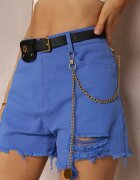 defox Pantaloni scurți Albaștri de Bumbac High Waist cu Centură cu Lanț Detașabil Priseis