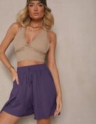 defox Pantaloni scurți Bleumarin din bumbac High Waist decorate cu legătură Selmio