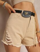 defox Pantaloni scurți din bumbac bej High Waist cu curea cu lanț detașabil Priseis