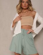 defox Pantaloni scurți Verde deschis din bumbac High Waist decorați cu șnur Selmio