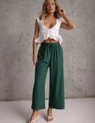 defox Pantaloni Verde închis Talie înaltă cu picioare largi din viscoză finisați cu elastic în talie Crisantas