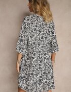 defox Rochie Alb-Bleumarin Cloș din Bumbac Decorată cu Model Floral Jenelitia