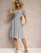 defox Rochie Alb-bleumarin Florală din bumbac cu elastic în talie Herata