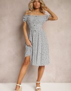 defox Rochie Alb-bleumarin Florală din bumbac cu elastic în talie Herata