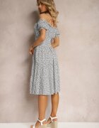 defox Rochie Alb-bleumarin Florală din bumbac cu elastic în talie Herata
