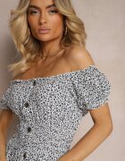 defox Rochie Alb-bleumarin Florală din bumbac cu elastic în talie Herata