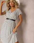 defox Rochie Alb-Negru din Bumbac cu Croială Cloș cu Elastic în Talie Emilla