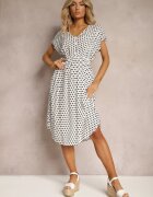 defox Rochie Alb-Negru din Bumbac cu Croială Cloș cu Elastic în Talie Emilla