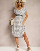 defox Rochie Alb-Negru din Bumbac cu Croială Cloș cu Elastic în Talie Emilla