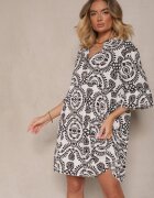 defox Rochie Alb-Negru din Bumbac cu Croială Cloș Decorată cu Nasturi Janivra