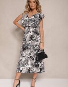 defox Rochie Alb-Negru evazată din bumbac cu frunze Lanadena