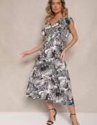 defox Rochie Alb-Negru evazată din bumbac cu frunze Lanadena