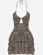 defox Rochie Alb-Negru Panteră cu Legătură la Gât și Volane Gilanne