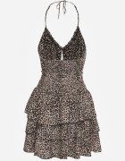 defox Rochie Alb-Negru Panteră cu Legătură la Gât și Volane Gilanne