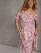 defox Rochie Alb-Roșie de bumbac cu elastic în talie cu croială spaniolă Jazmi