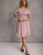 defox Rochie Alb-Roșie de bumbac cu elastic în talie cu croială spaniolă Jazmi