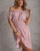 defox Rochie Alb-Roșie de bumbac cu elastic în talie cu croială spaniolă Jazmi