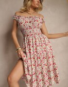 defox Rochie Alb-Roz de bumbac cu nasturi croială evazată și imprimeu floral Roniselle