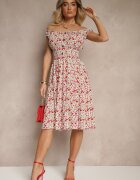 defox Rochie Alb-Roz de bumbac cu nasturi croială evazată și imprimeu floral Roniselle