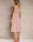 defox Rochie Alb-Roz de bumbac cu nasturi croială evazată și imprimeu floral Roniselle