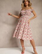 defox Rochie Alb-Roz de bumbac cu nasturi croială evazată și imprimeu floral Roniselle