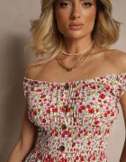 defox Rochie Alb-Roz de bumbac cu nasturi croială evazată și imprimeu floral Roniselle