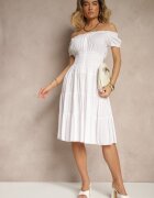 defox Rochie Albă Cloche din Bumbac cu Mâneci Bufante și nasturi Anniliana