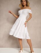 defox Rochie Albă Cloche din Bumbac cu Mâneci Bufante și nasturi Anniliana