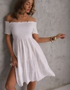 defox Rochie Albă de Vară din Bumbac cu umerii goi cu Volane Evazate Lorania