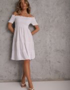 defox Rochie Albă de Vară din Bumbac cu umerii goi cu Volane Evazate Lorania