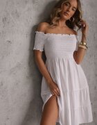defox Rochie Albă de Vară din Bumbac cu umerii goi cu Volane Evazate Lorania