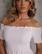 defox Rochie Albă de Vară din Bumbac cu umerii goi cu Volane Evazate Lorania