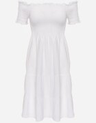 defox Rochie Albă de Vară din Bumbac cu umerii goi cu Volane Evazate Lorania
