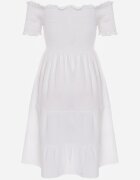 defox Rochie Albă de Vară din Bumbac cu umerii goi cu Volane Evazate Lorania