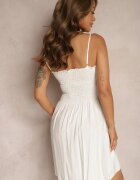 defox Rochie Albă din bumbac cu bretele croială cloș și partea superioară încrețită Christten