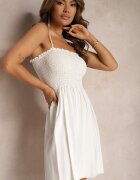 defox Rochie Albă din bumbac cu bretele croială cloș și partea superioară încrețită Christten
